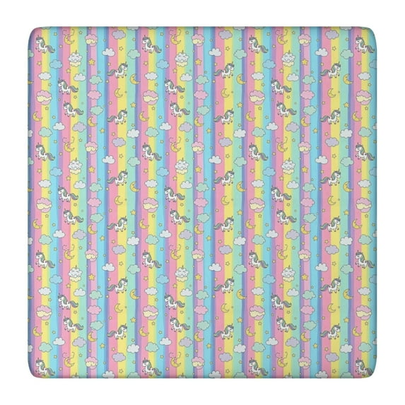 Colorful Striped Cartoon Unicorn Pattern Square Fitted Tablecloth with Elastic Edge,Square Table Cover,Washable Elastic Table Cover for Home Kitchen Party Decor 36"x36"