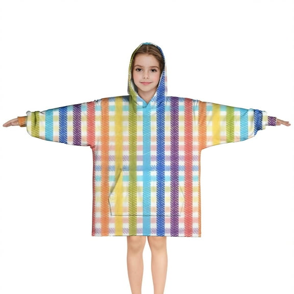Colorful Striped Checkered Pattern Blanket Hoodies for Kids 6-13YR Oversize Wearable Blanket Hoodies for Boys Girls Teens