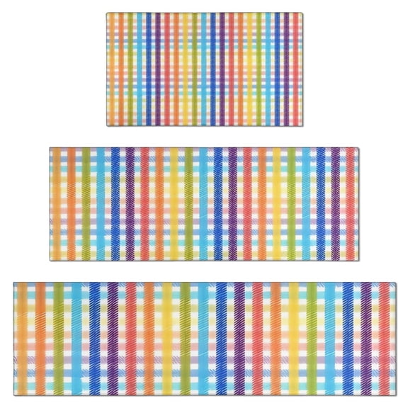 Colorful Striped Checkered Pattern Kitchen Rugs Sets Of 3,Kitchen Runner Rugs Non Skid Washable,Decorative Kitchen Floor Mats for Kitchen,Sink,Laundry,17"x30"+ 17"x47" + 17"x59"