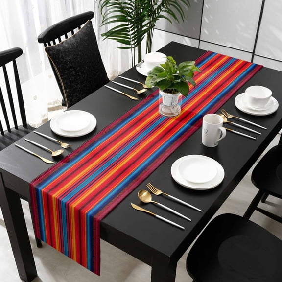 Colorful Striped Cotton Linen Table Runner 13 x 90 inch Farmhouse Modern Rainbow Lines Art Non-slip Rectangular Dining Table Decor for Wedding Party Holiday Dinner