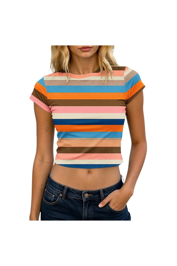 Colorful Striped Crop Tops Short Sleeve Slim Fit T-Shirt Round Neck Y2K Outfit Ideal for Summer Fashion Casual Everyday Streetwear