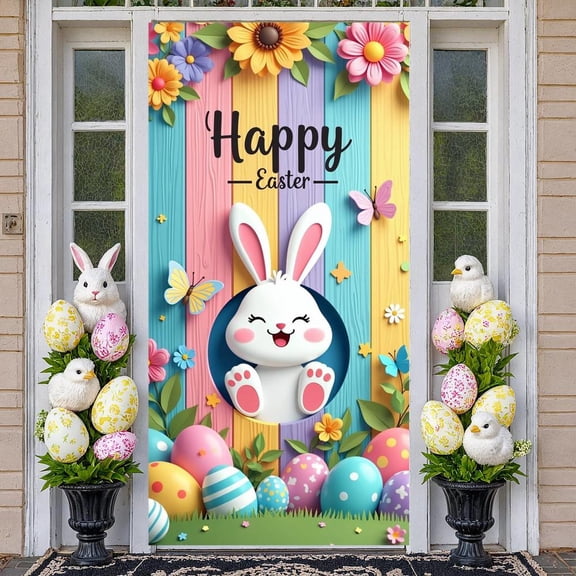Colorful Striped Easter Banner Cartoon Bunny Decorative Eggs Floral Easter Egg Background for Easter Party Spring Celebration Kids Event