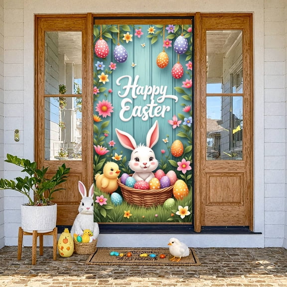 Colorful Striped Easter Banner Cartoon Bunny Decorative Eggs Floral Easter Egg Background for Easter Party Spring Celebration Kids Event