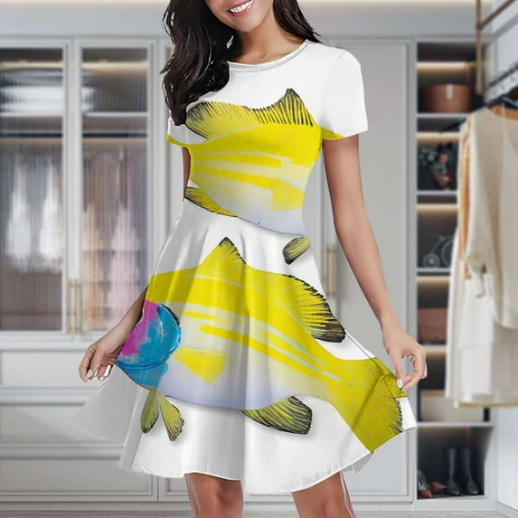 Colorful Striped Fish Art Women's Classic Swing Skater Dress Casual Work Party Cocktail Dresses