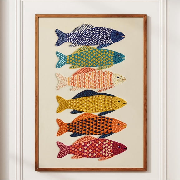 Colorful Striped Fish Poster, Retro Coastal Kitchen Wall Art, Stacked Folk Art Fish Print, Boho Maximalist Bathroom Beach House Decor, Poster Only