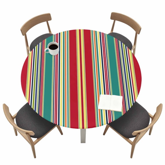 Colorful Striped Fitted Tablecloth with Elastic Edged, Round Table Cloth for Dining Table, Boho Rainbow Abstract Vertical Lines Waterproof Oil Proof Table Cover for Indoor Outdoor 55"-60"