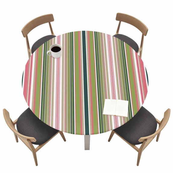 Colorful Striped Fitted Tablecloth with Elastic Edged, Round Table Cloth for Dining Table, Sage Green Pink White Vertical Lines Waterproof Oil Proof Table Cover for Indoor Outdoor 45"-54"