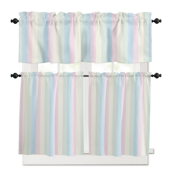 Colorful Striped Kitchen Curtains and Valances Set, 3 Piece Kitchen Curtains Set 36 Inch Length, Rainbow Color Stripes Rod Pocket Curtains Tier Farmhouse Window Curtains