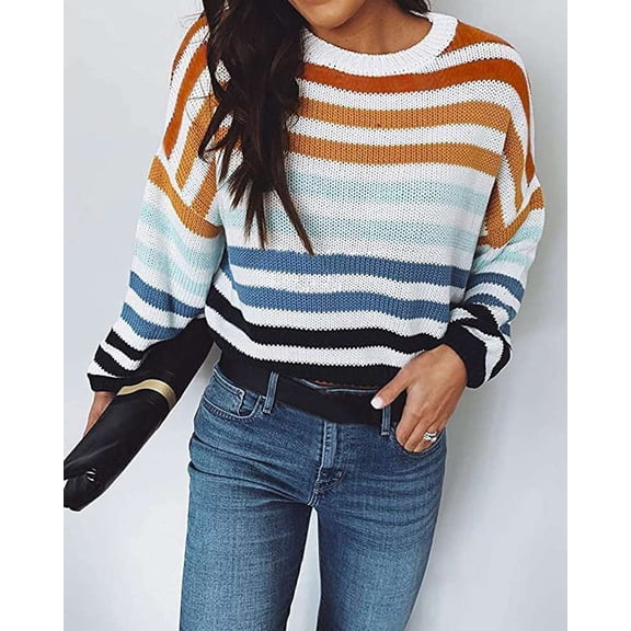 Colorful Striped Knit Sweater (L, Yellow)
