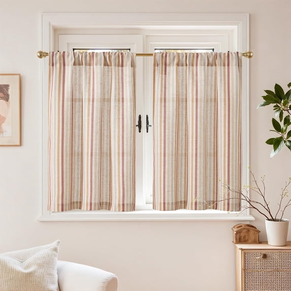 Colorful Striped Linen Kitchen Curtains 36 Inch Christmas Tier Curtains Farmhouse Modern Cafe Small Window Treatments Light Filtering Rod Pocket for Living Room Bathroom 2 Panels Multi Red