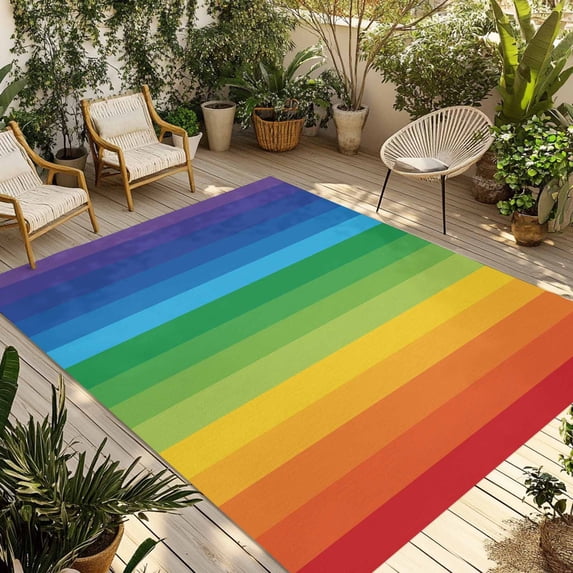 Colorful Striped Ombre Outdoor Rug for Patio/Deck/Porch, Non-Slip Large Area Rug 4 x 6 Ft, Rainbow Stripes Modern Abstract Art Indoor Outdoor Rugs Washable Area Rugs, Camping Rug Carpet Runner