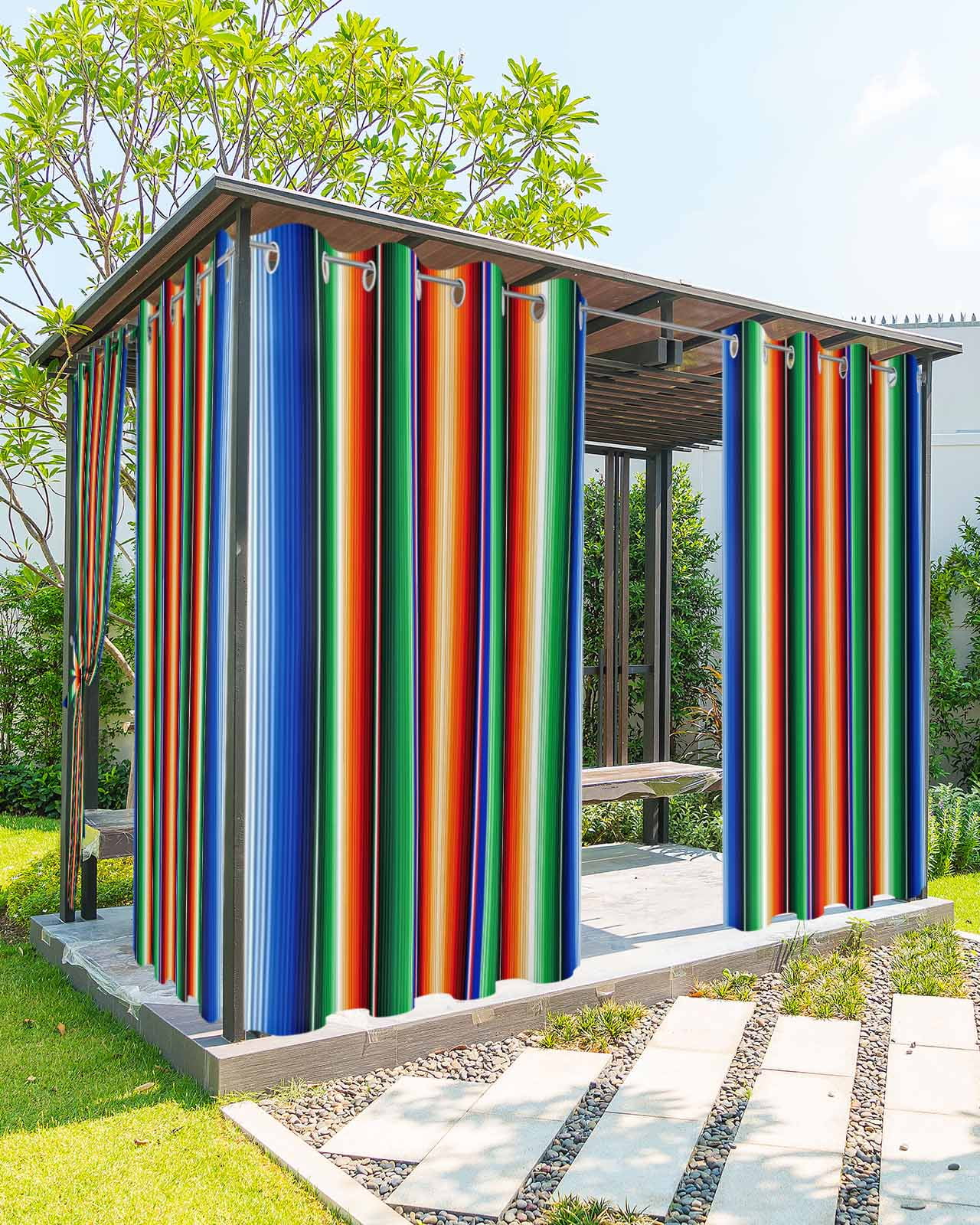 Colorful Striped Outdoor Curtains for Patio, Boho Abstract Vertical Stripe Lines Privacy Drapes Grommet Waterproof Outside Curtains for Porch/Cabana/Balcony 54"x 108", 2 Panel