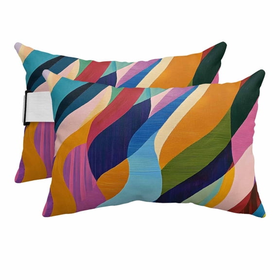 Colorful Striped Outdoor Pillows for Chaise Lounge Chair Beach Headrest Pillow Set of 2 Waterproof Lumbar Pillows with Insert&Adjustable Strap Modern Abstract Boho Waves Geometric Pool Pillow 11"x16"