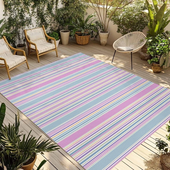 Colorful Striped Outdoor Rug for Patio/Deck/Porch, Non-Slip Large Area Rug 4 x 6 Ft, Pink Blue Yellow Abstract Vertical Lines Indoor Outdoor Rugs Washable Area Rugs, Camping Rug Carpet Runner