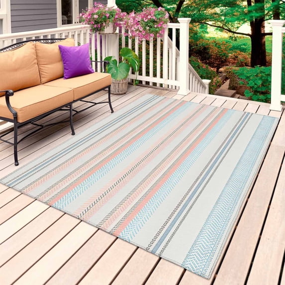 Colorful Striped Outdoor Rug for Patio/Deck/Porch, Non-Slip Large Area Rug 5 x 8 Ft, Pink Blue Gray Rainbow Abstract Stripes Indoor Outdoor Rugs Washable Area Rugs, Camping Rug Carpet Runner