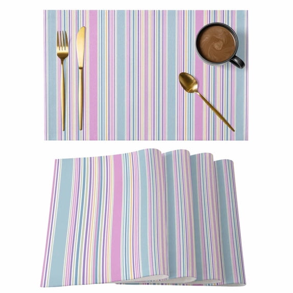 Colorful Striped Placemats Set of 4, Pink Blue Yellow Abstract Vertical Lines Placemats for Dining Table, Place Mats for Kitchen Tabletop, Waterproof Wipeable Dining Table Mats Set