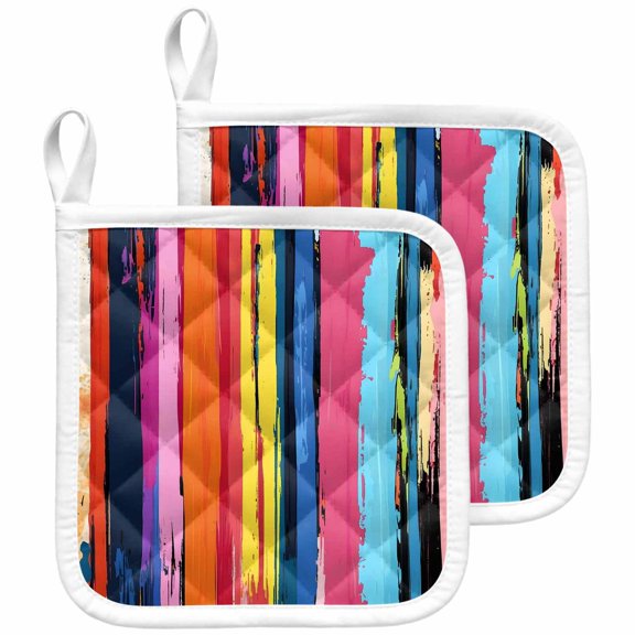 Colorful Striped Pot Holders for Kitchen Heatproof Potholder, 2 Pack Modern Rainbow Abstract Graffiti Art Hot Pads Multipurpose Oven Pads Cloth Potholders Trivet for Cooking and Baking