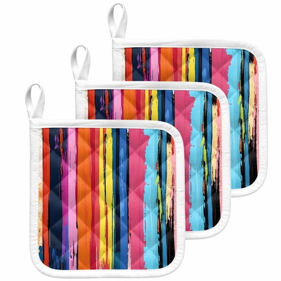Colorful Striped Pot Holders for Kitchen Heatproof Potholder, 3 Pack Modern Rainbow Abstract Graffiti Art Hot Pads Multipurpose Oven Pads Cloth Potholders Trivet for Cooking Baking