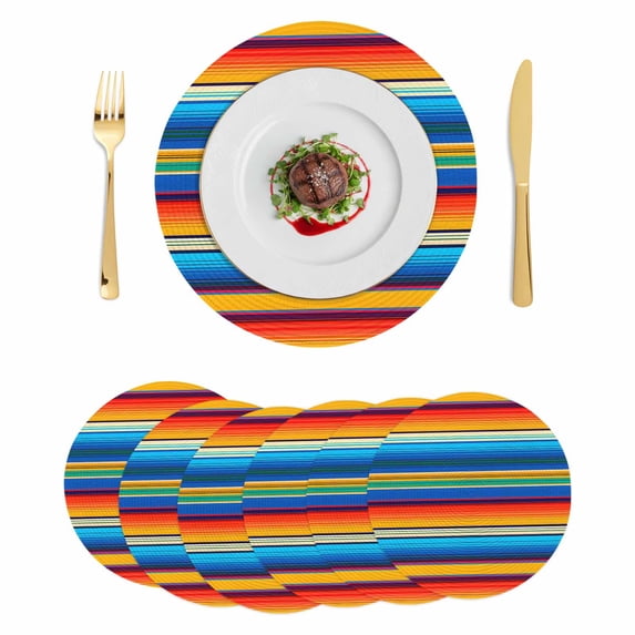 Colorful Striped Round 13 Inch Placemats Set of 6, Boho Rainbow Abstract Stripes Lines HeatResistant Non Slip Place Mats for Dining Table, Wipeable Braided Kitchen Table Mats for Housewarming