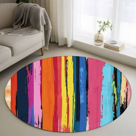 Colorful Striped Round Area Rug 4 FT, Non Slip Indoor Outdoor Rug, Modern Rainbow Abstract Graffiti Art Washable Circular Carpet Non-Shedding Floor Mat for Coffee Table Nursery Foyer Balcony