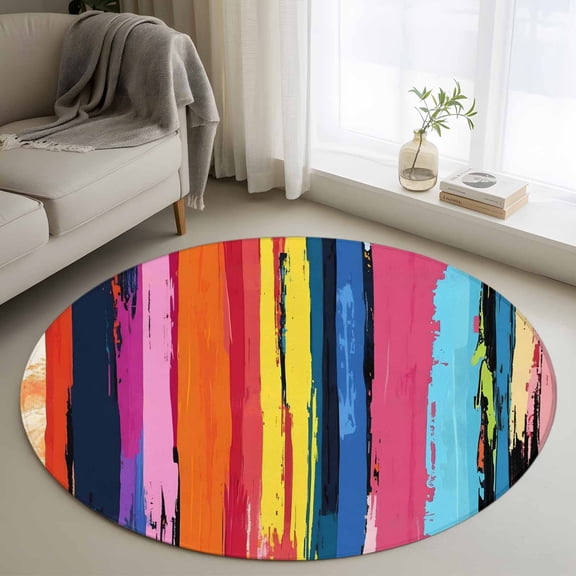 Colorful Striped Round Area Rug 4ft, Modern Rainbow Abstract Graffiti Art Washable Non-Slip Circle Rugs for Bedroom Living Room Kitchen, Soft Non Shedding Circle Carpet for Dining Room Dorm
