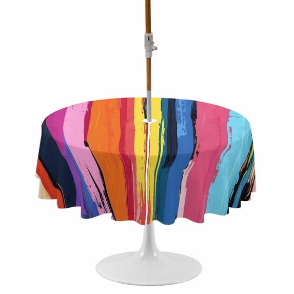 Colorful Striped Round Outdoor Tablecloth, Waterproof Table Cloth Cover with Umbrella Hole and Zipper, Modern Rainbow Abstract Graffiti Art Table Protector for Patio Party Picnic 54" Round