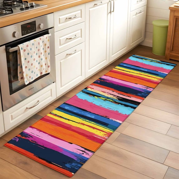 Colorful Striped Runner Rug 2x6 FT, Non Slip Hallway Carpet, Modern Rainbow Abstract Graffiti Art Washable Floor Carpet Throw Runner Carpet Long Rug for Entryway Kitchen Bedside Sliding Door