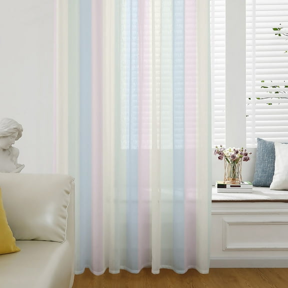 Colorful Striped Semi Sheer Curtains Drapes for Living Room, Bedroom, French Doors Window 96 Inches Long, Rainbow Color Stripes Rod Pocket Chiffon Curtain Drapery Voile Draperies Panel