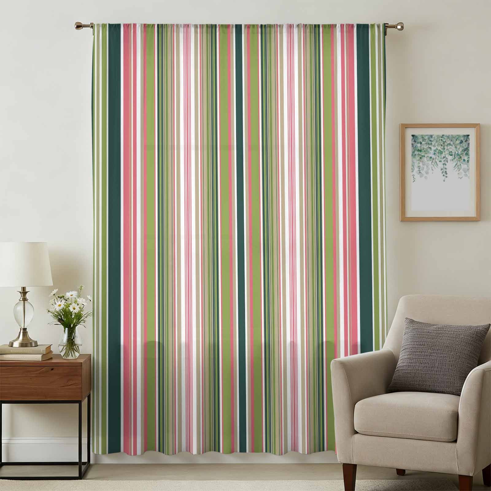 Colorful Striped Sheer Curtains 63 Inches Long, Sage Green Pink White ...
