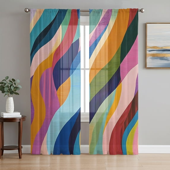 Colorful Striped Sheer Curtains 84 Inch Length 2 Panels Set, Modern Abstract Boho Waves Geometric Voile Window Treatment Rod Pocket Curtains Sheers Drapes for Bedroom/Living Room/Kitchen 52"x84"x2