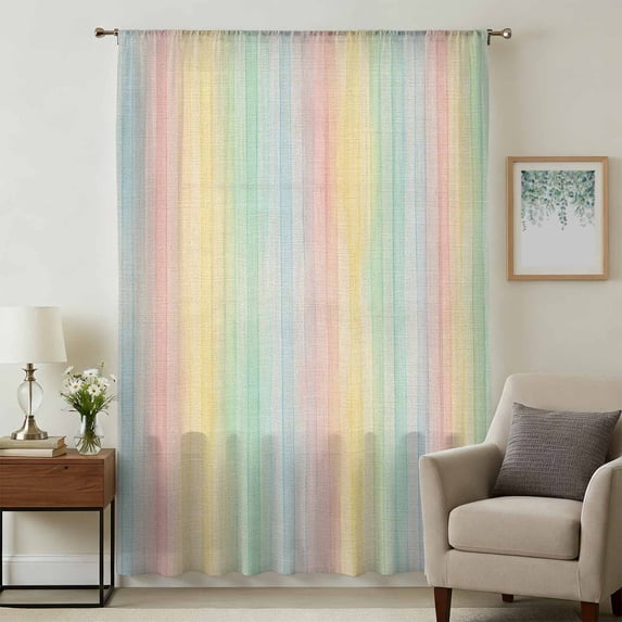Colorful Striped Sheer Curtains 84 Inches Long, Farmhouse Vertical Striped Burlap Rustic Light Filering Curtains, Breathable Simi Curtain Privacy Drapes for Living Room Bedroom Window Treatment
