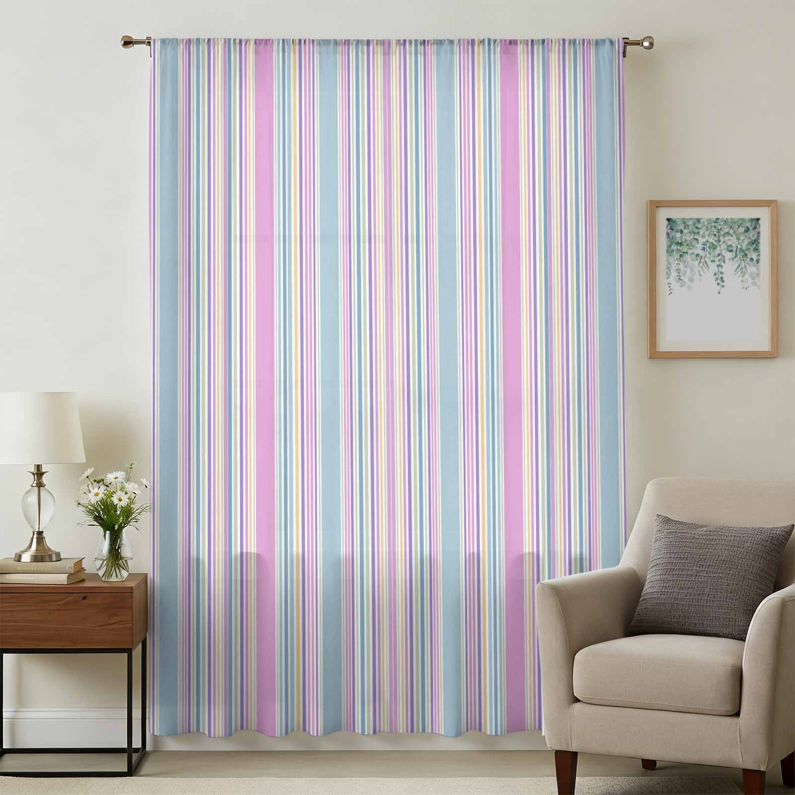 Colorful Striped Sheer Curtains 84 Inches Long, Pink Blue Yellow ...