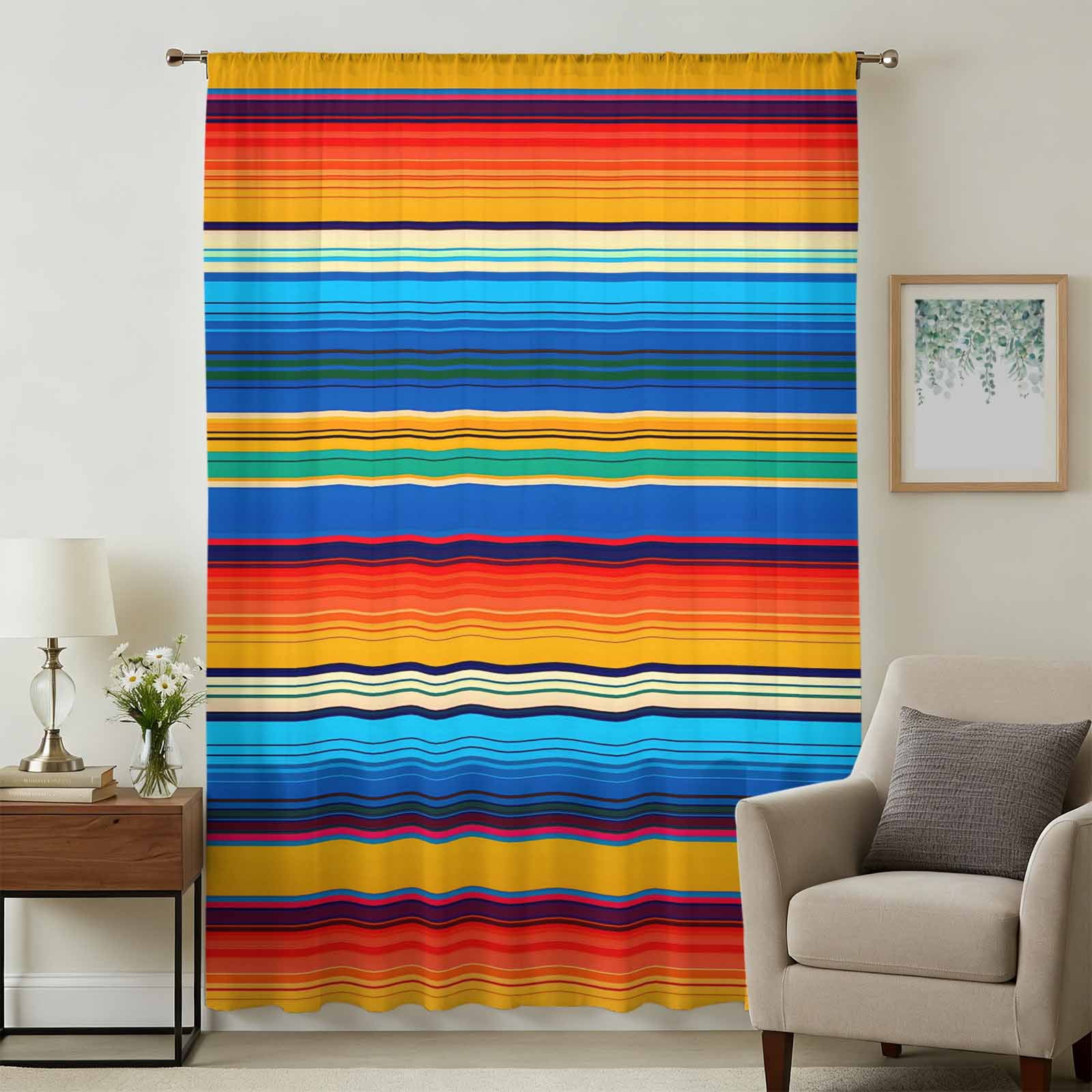 Colorful Striped Sheer Curtains 96 Inches Long, Boho Rainbow Abstract ...