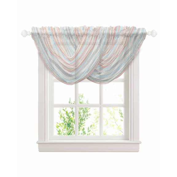 Colorful Striped Sheer Waterfall Valance Curtains for Window, Pink Blue Gray Rainbow Abstract Stripes Rod Pocket Sheer Topper Swag Curtains for Living Room, Kitchen 38.5"W x 47.2"L, 2 Panels