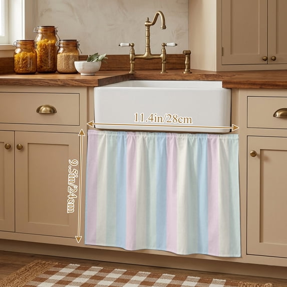 Colorful Striped Small Cabinet Curtains 10"W x 11"L, Rainbow Color Stripes Sink Skirt Dust-Proof Short Curtain for Bathroom Vanity Storage Cubby Desk, Self Adhesive Privacy Drapes