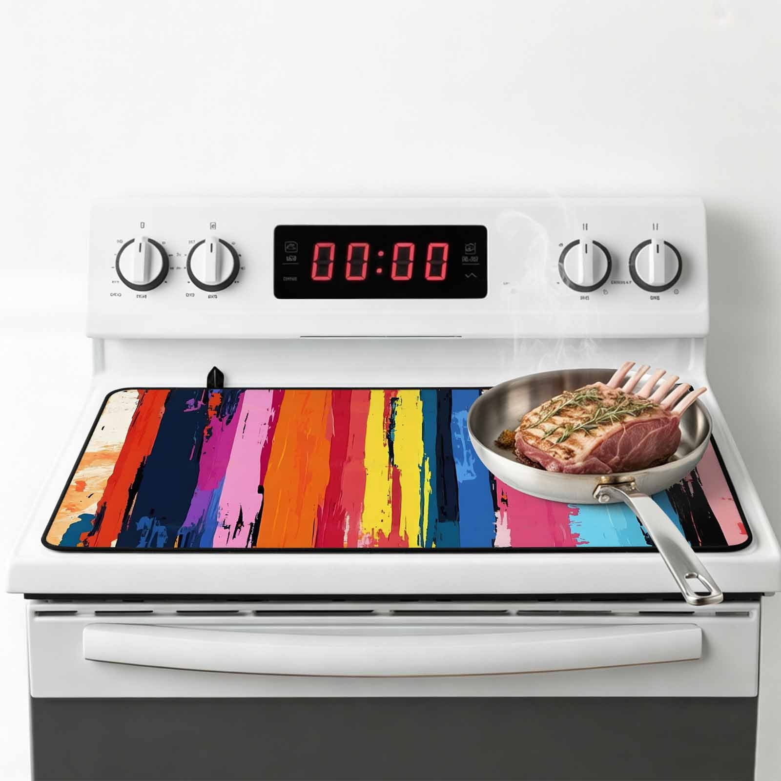 Colorful Striped Stove Top Cover for Electric Stove, Heat-proof & Non Slip Glass Top Stove Cover Protector, Modern Rainbow Abstract Graffiti Art Kitchen Flat Cooktop Rubber Mat 24x21 Inches