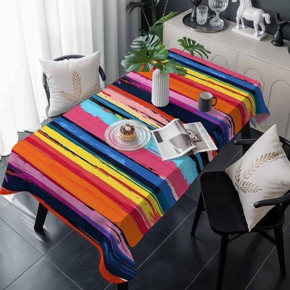Colorful Striped Table Cloth Waterproof Tablecloths, Modern Rainbow Abstract Graffiti Art Tablecloth Dining Table Cover for Kitchen Party Tabletop Outdoor, Rectangle Tablecloth 54x108 Inch