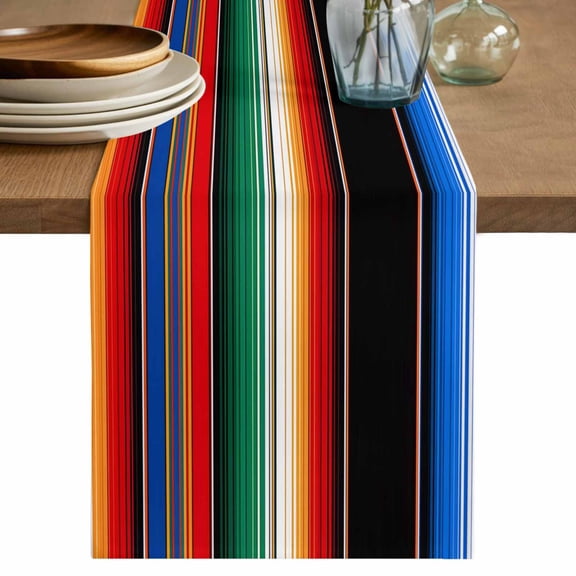 Colorful Striped Table Runner, Boho Rainbow Abstract Stripes Art Washable Cotton Linen Table Runners 60 Inches Long, Dresser Scarf Runner for Coffee/TV Stands/Kitchen/Cabinets 13''x60''