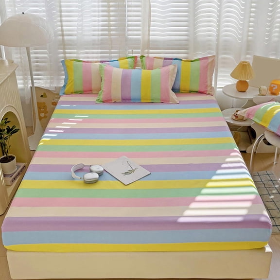 Colorful Striped Washed Cotton Fitted Sheet, Soft Skin-Friendly