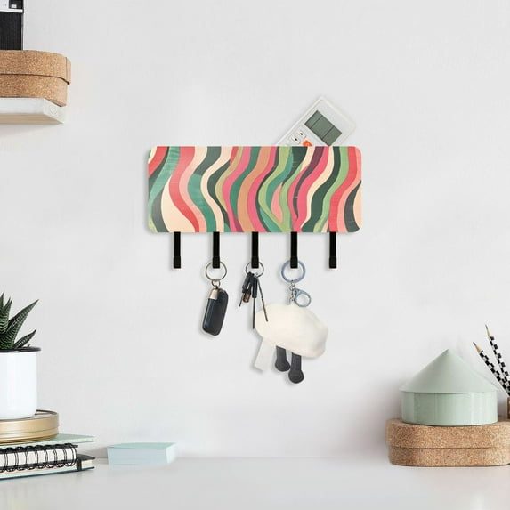 Colorful Striped Wavy Lines Key Holder for Wall Mail Holder Organizer with 5 Key Hooks Wall Mount Key Rack with Shelf