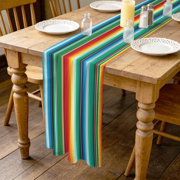 Colorful Stripes 10ft Cheesecloth Table Runner for Wedding 27"x120", Modern Abstract Blue Green Red Yellow Mexican Stripes Kitchen Dinner Sheer Tulle Chiffon Dresser Scarf, Holiday Party Decorations