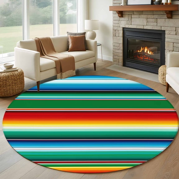 Colorful Stripes 7ft Round Rug for Living Room Conversation Area, Modern Abstract Blue Green Red Yellow Mexican Stripes Washable Non Slip Large Circle Area Rug