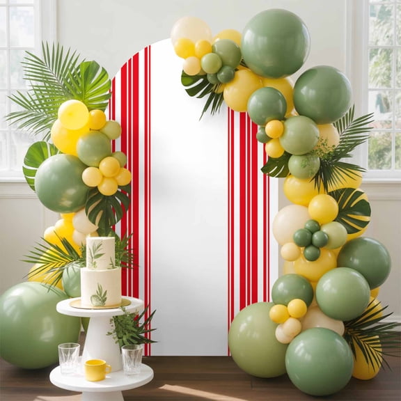 Colorful Stripes Arch Backdrop Cover, 5FT, Red Wood Texture White Spandex Arch Covers Double-Sided Backdrop for Wedding Birthday Party Photo Background Decoration