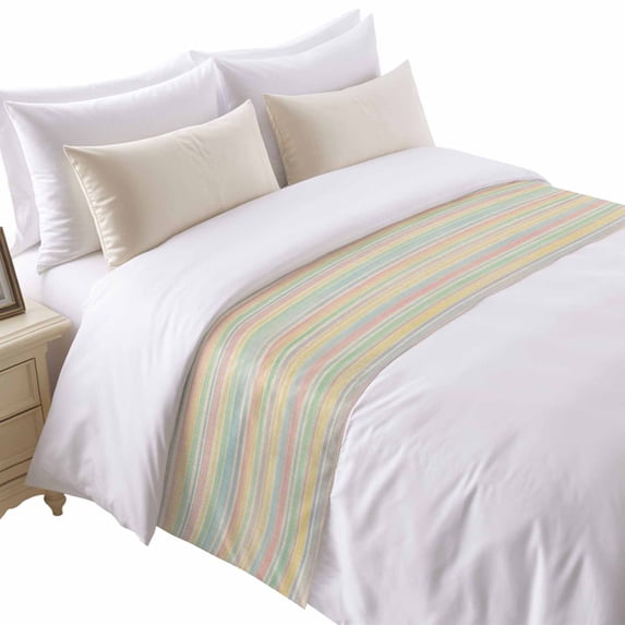 Colorful Stripes Bed Runner for Twin Size Bed, Watercolor Rainbow Farmhouse Vintage Linen Soft Bedding Scarf Bedding Protector Slipcover Sofa Throw for Bedroom Hotel Guesthouse
