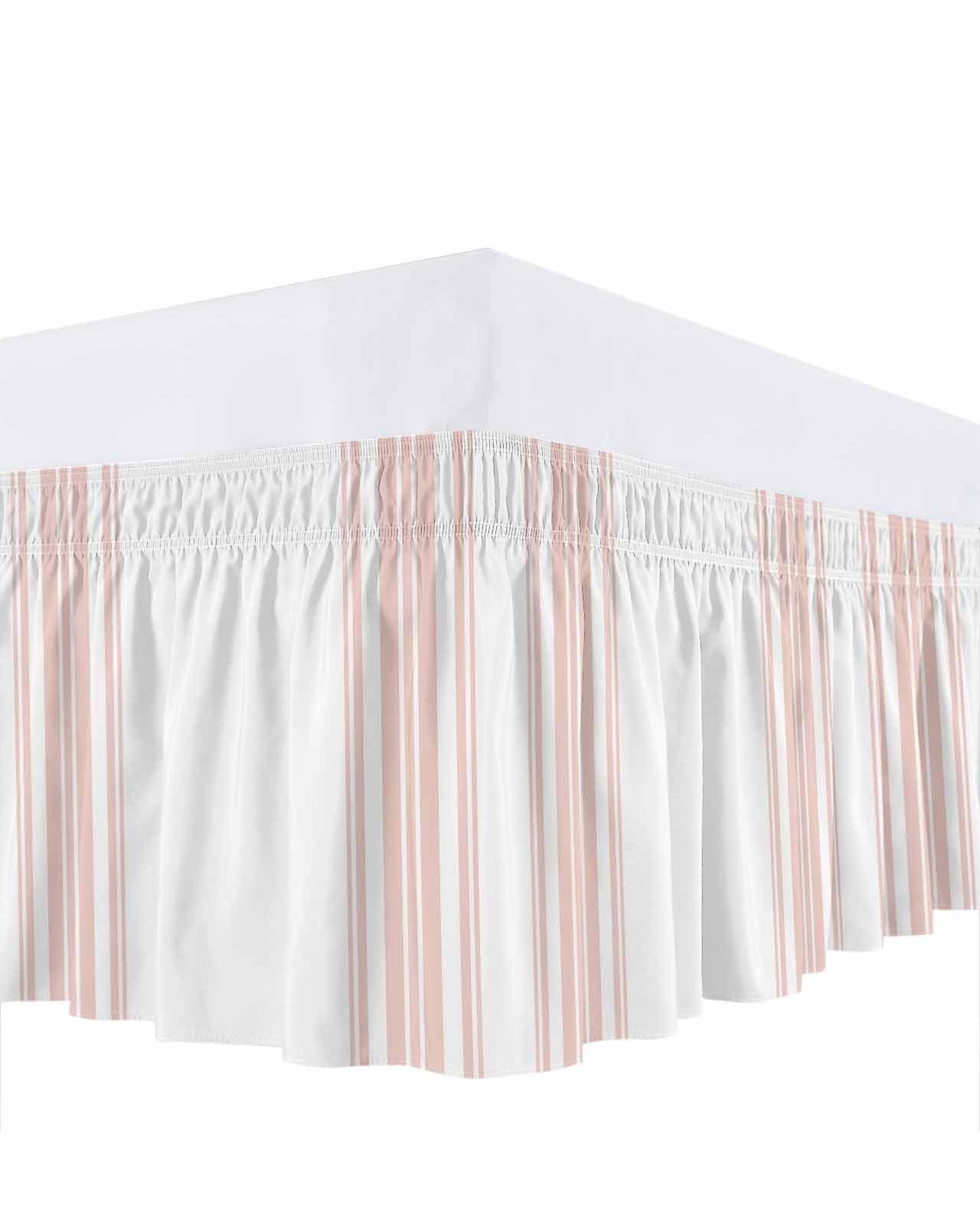 Colorful Stripes Bed Skirt King Size 18" Drop Pink Wood Texture White Ruffled Wrap Around Bed Skirts Adjustable Elastic Bedskirt Dust Ruffle for King Size Bed