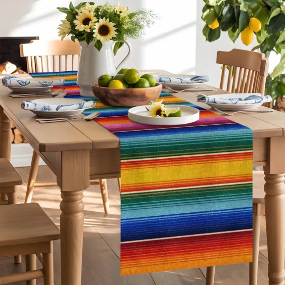 Colorful Stripes Gradient Rainbow Table Runner 72 Inch Long Mexican Line Table Runners Linen Burlap Tablerunner for Kitchen Dining Room Holiday Party