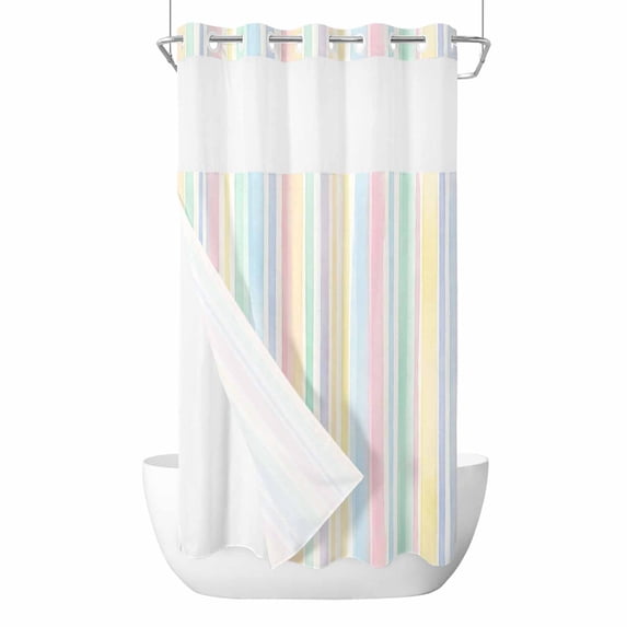 Colorful Stripes No Hook Shower Curtain with Snap in Liner Watercolor Rainbow Farmhouse Waterproof Bathroom Shower Curtain with See Through Top Window for Bathtub 54" x 78"