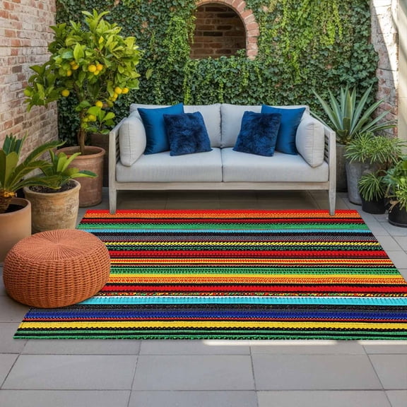 Colorful Stripes Indoor Outdoor Rugs 6x9 Ft, Mexican Aztec Outdoor Patio Rugs Mat Washable Outside Area Rugs Carpet for Porch Deck RV Camping Pool Balcony Backyard