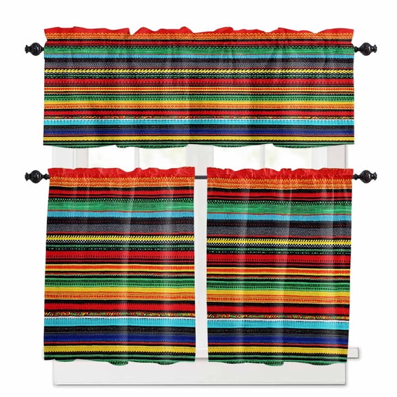 Colorful Stripes Kitchen Curtains Valances and Tiers Set of 3, Abstract Ethnic 36 Inch Length Tier Curtains and Valance Rod Pocket Valance Curtains Set for Kitchen Bathroom Small Windows