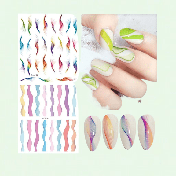 Colorful Stripes Lines Nail Sticker Set, Rainbow Geometric Self Adhesive Nail Decals for Nail Art Decoration, Acrylic Nail Supplies